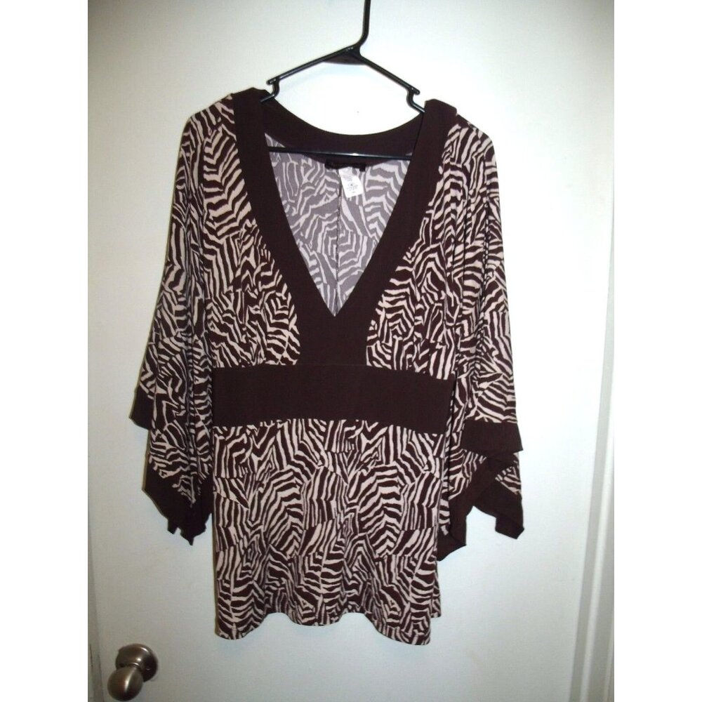 Ashley Stewart V-Neck Babydoll Brown‎ White Zebra Print Top Plus Size 1X
